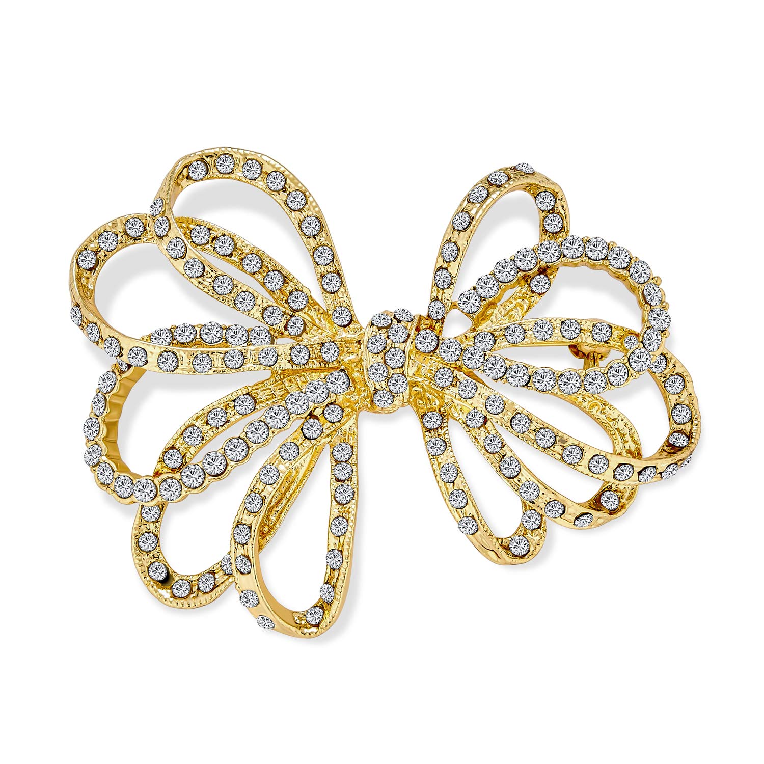 Large Bridal Holiday Statement Christmas Pave Crystal Wedding Open Bow Ribbon Brooch Pin For Women Yellow Gold Plated