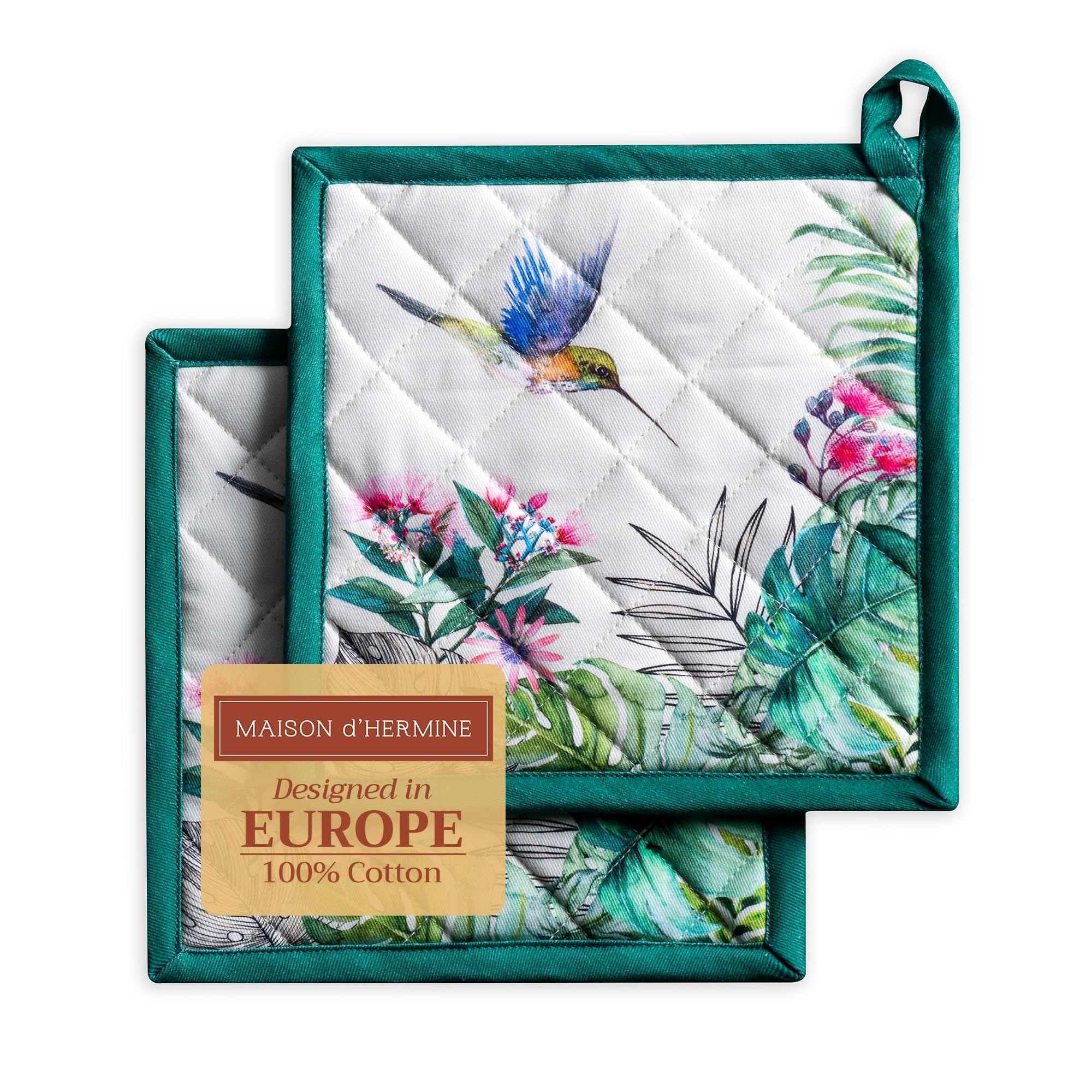 Maison d' Hermine Pot Holders Set 100% Cotton Heat Resistant Potholders 20 cm x 20 cm Hot Pads with Loop for BBQ Cooking Baking Handling Hot Pans Gifts for Mothers Day (Pack of 2, Tropiques)