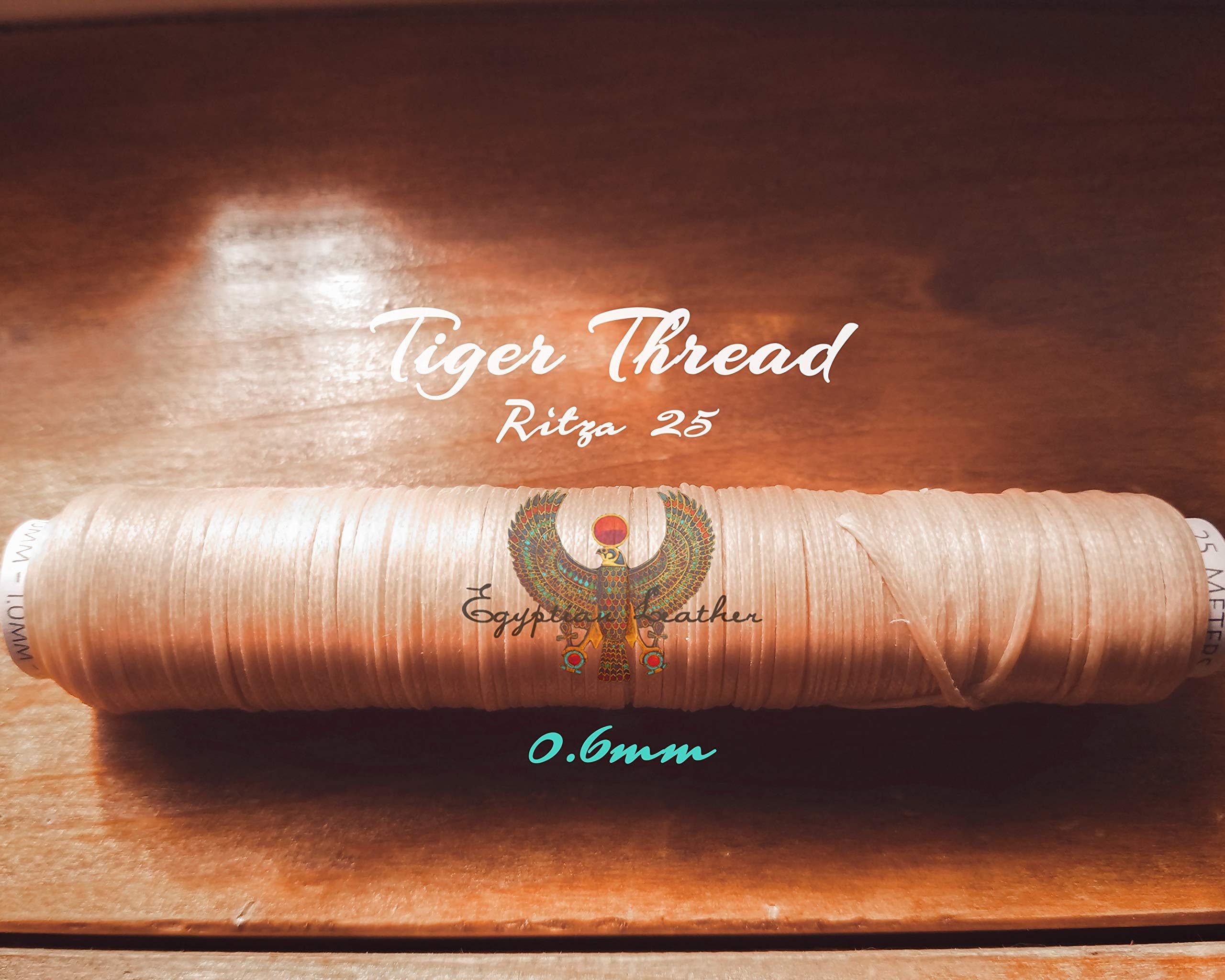 0.6mm Ritza 25 Tiger Thread - Braided Polyester Thread - Waxed for Leather Hand Sewing - by Julius Koch - Made in Germany - Custom Spools by Egyptian Thread Company, 50 Meters, Cream - JK6