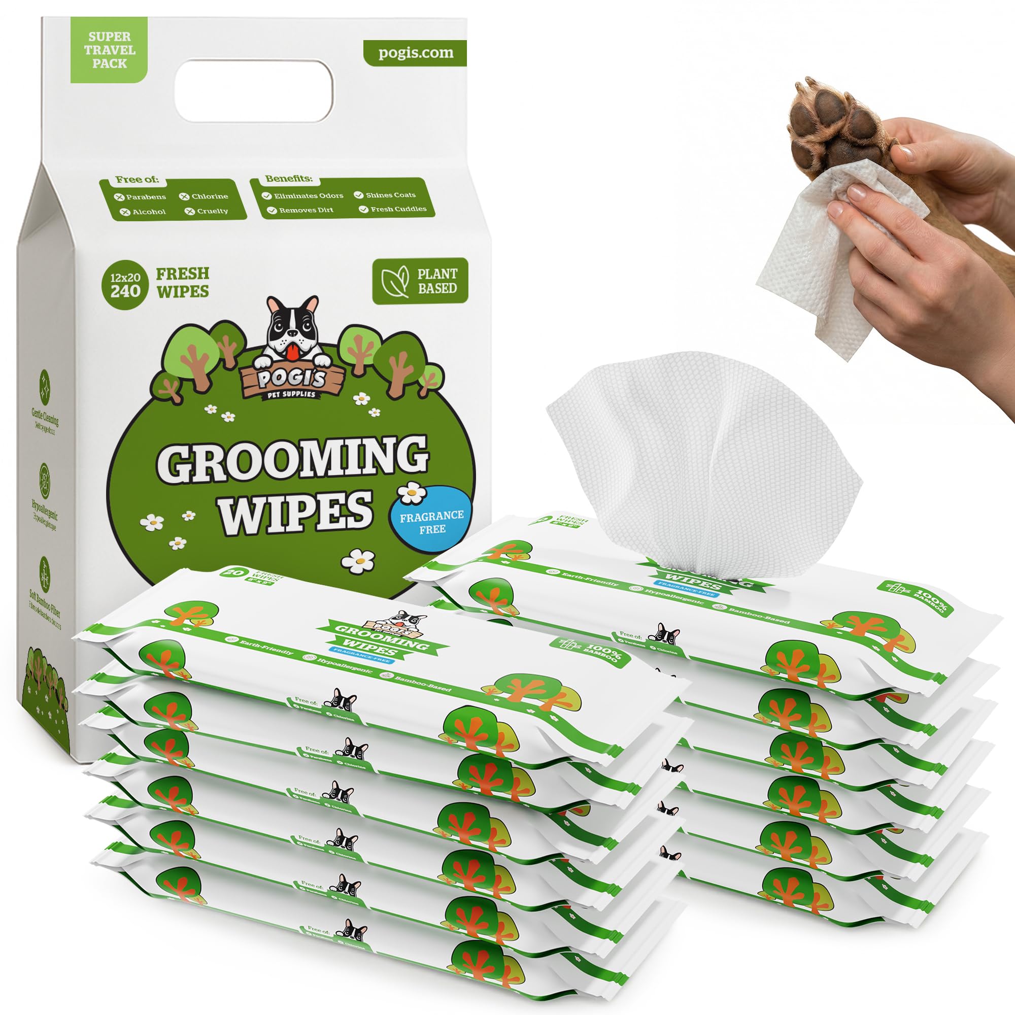 Pogi's Dog Grooming Wipes Travel Packs - 240 Dog Wipes for Cleaning and Deodorising - Hypoallergenic Pet Wipes for Dogs, Puppy Wipes - Quick Bath Dog Wipes for Paws, Butt, & Body - Fragrance Free