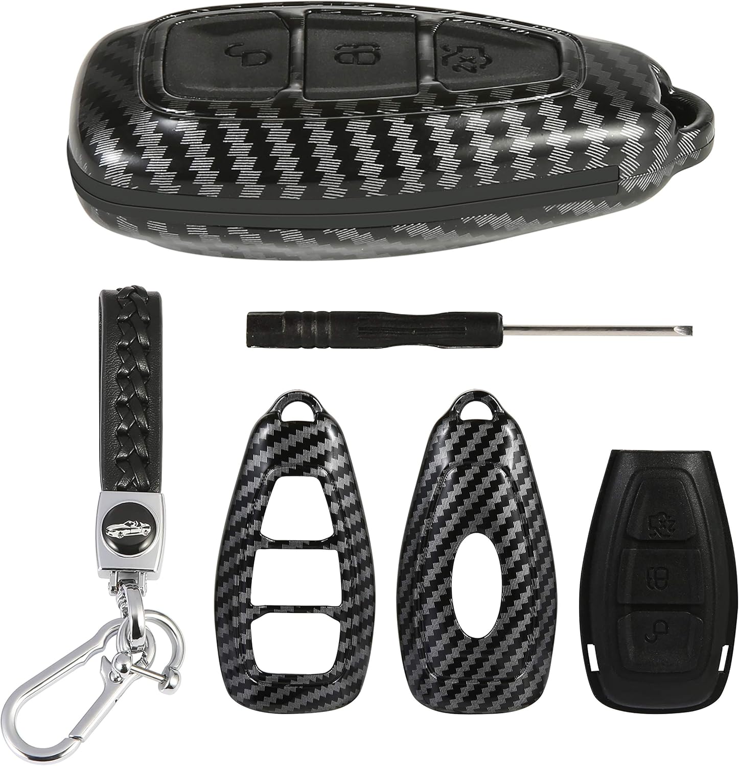 Carbon Fibre Pattern ABS Plastic Cover for Ford Smart Key Fob 3 Buttons Smart Car Key Case with Keychain - Image 3
