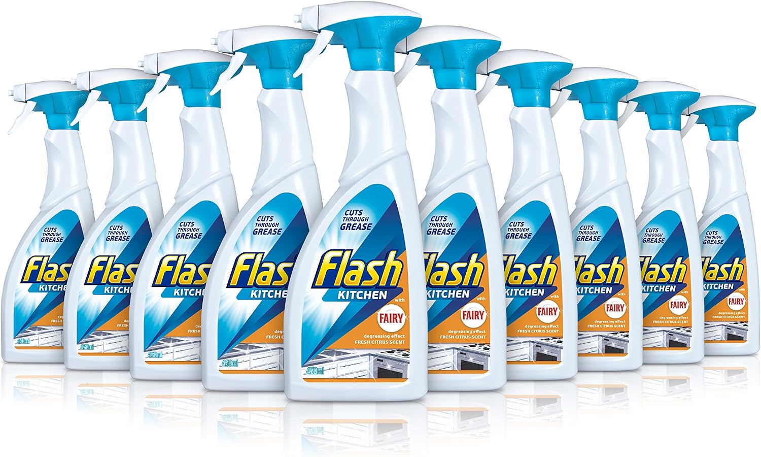 Flash Kitchen Cleaner Spray, 4.5 Litres (450 ml x 10), Surface Cleaner & Grease Remover, Streak-Free Shine, Fresh Citrus Scent