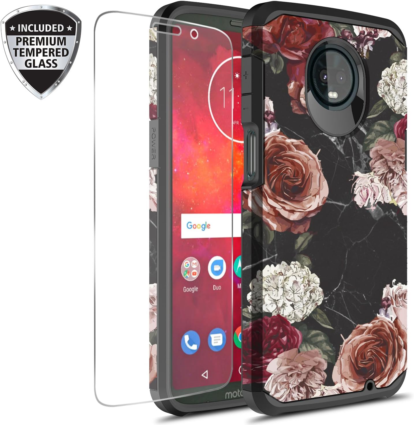 Moto Z3 Play Case With Tempered Glass Screen Protector, Rosebono Slim Hybrid Dual Layer Graphic Fashion Colorful Cover Armor Case for Motorola Moto Z Play 3rd Generation (Flower)