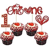 Gyufise 24Pcs Valentine's Day One Cupcake Toppers Glitter Sweet Heart 1st Birthday Cupcake Picks Wedding Anniversary Valentine's Day Baby Shower First Birthday Party Cake Decorations Supplies Red