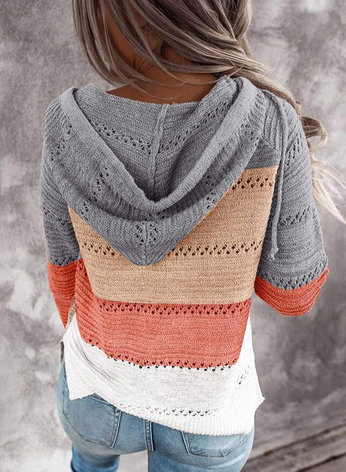 Biucly Women's Lightweight Color Block Knit Hoodies Sweaters Loose Long Sleeve V Neck Drawstring Pullover Sweatshirts(S-3XL): Clothing
