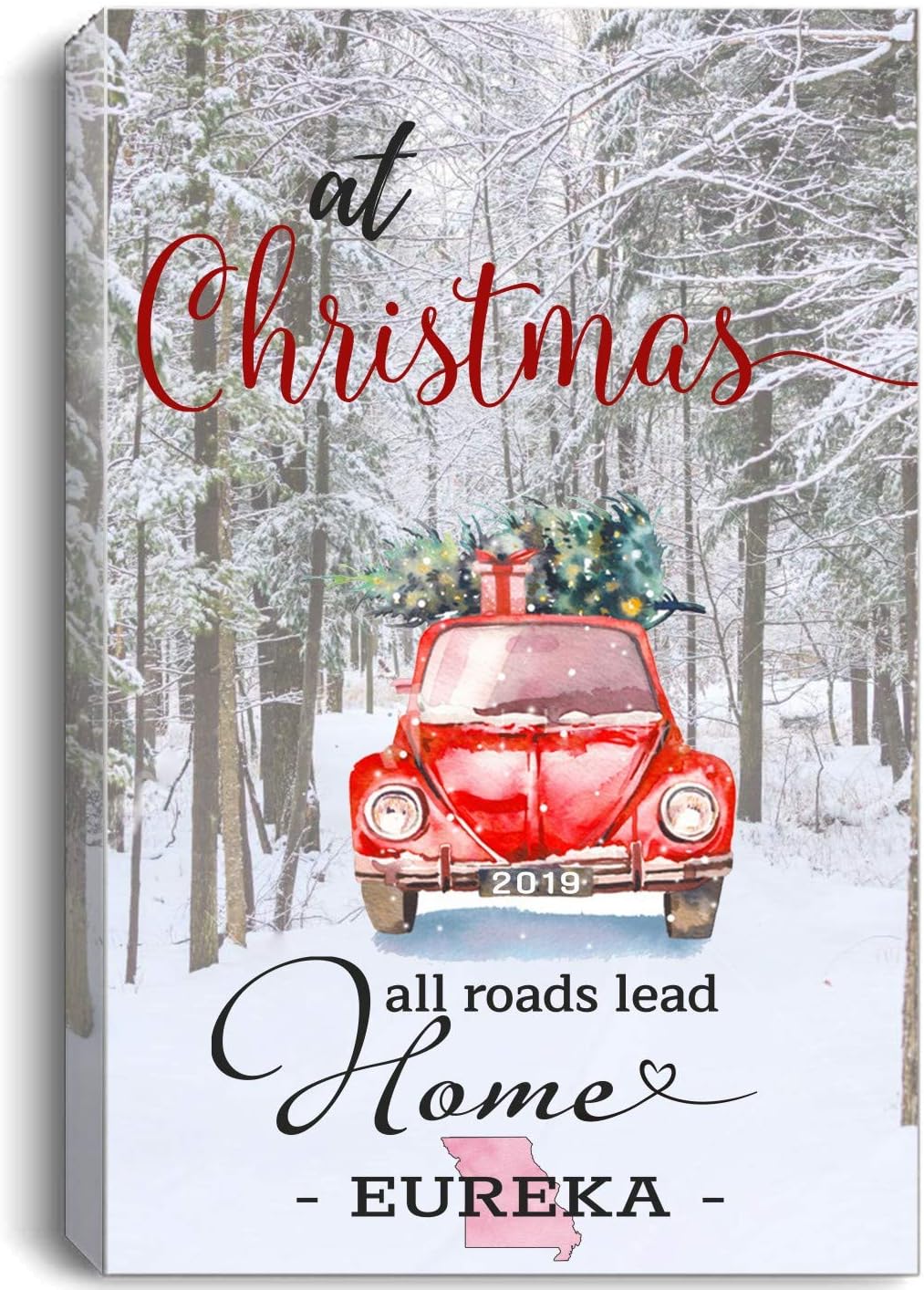 Christmas Canvas Wall Art 16"x24" for Home Decor Eureka Missouri MO State - at Christmas All Roads Lead Home with Merry Christmas Red Truck and Snow Decorated Tree