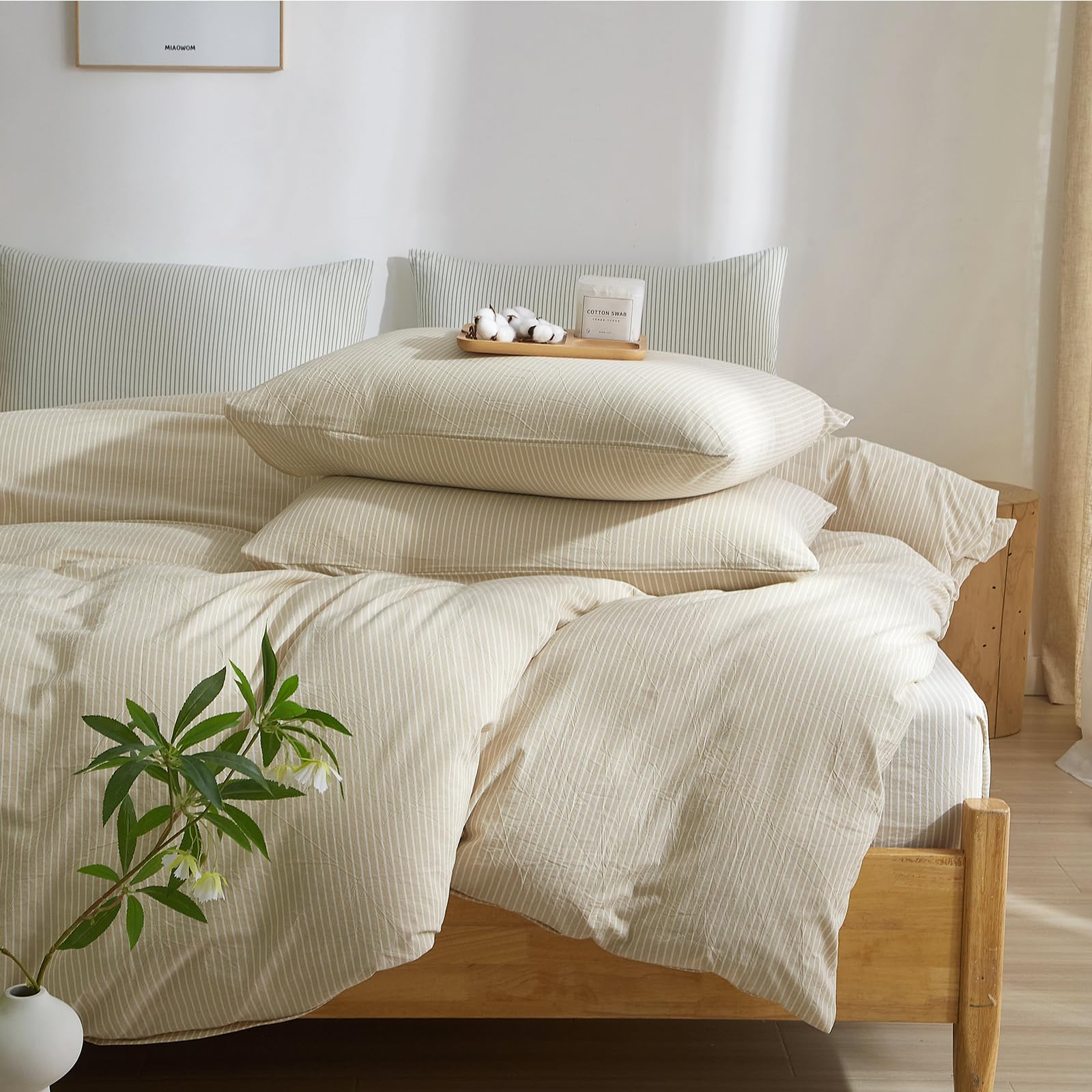 Photo 1 of MWL Toy Striped Duvet Cover Set King Size 3 Pcs Breathable Durable 100% Washed Cotton Comforter Cover for All Seasons Chic Linen Like Textured Bedding Set (Khaki White Pinstripes, King)