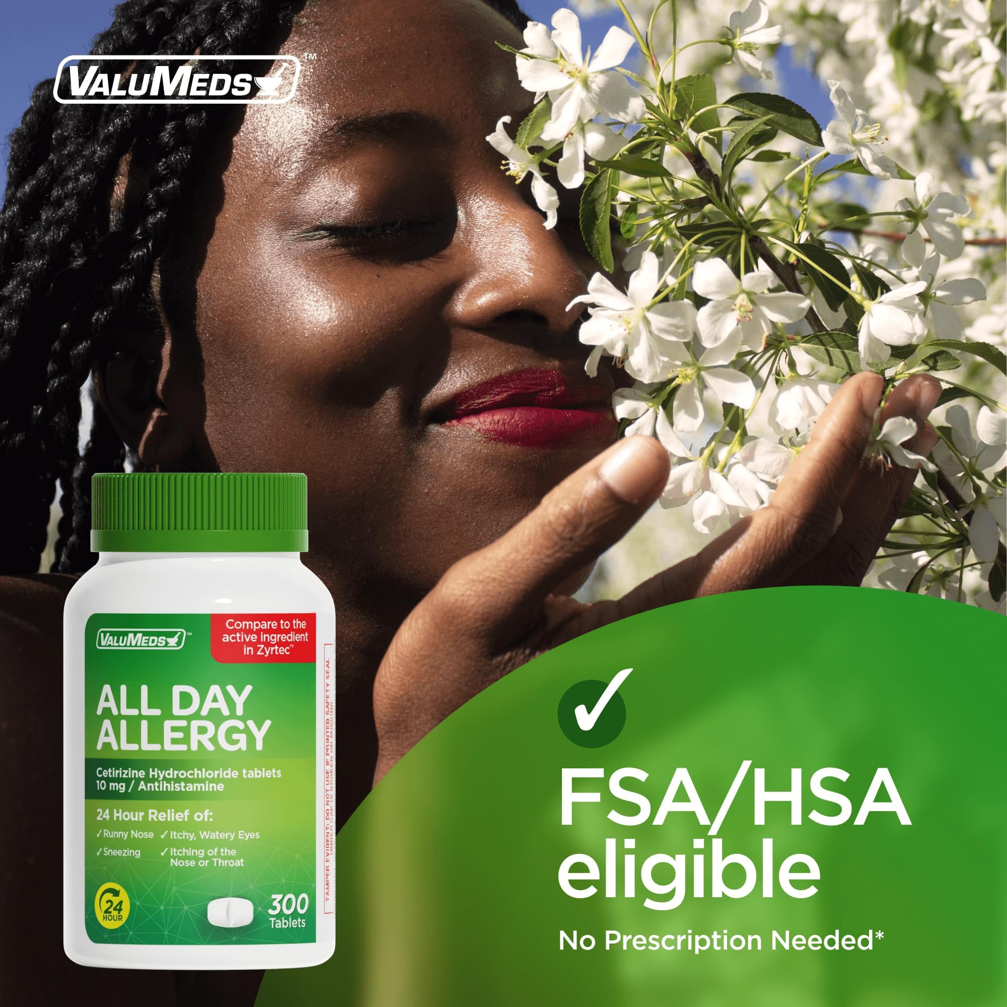 ValuMeds 24-Hour Allergy Medicine Antihistamine for Pollen, Hay Fever, Dry, Itchy Eyes, Allergies | Cetirizine HCl 10mg Caplets, Compare to Leading Brand (300 Count)