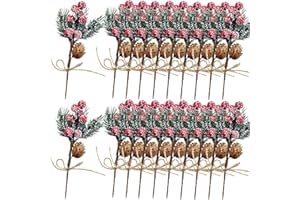 TIHOOD 20PCS 8inch Artificial Christmas Floral Picks, Red Fake Berry Picks Stems, Pine Branches with Pinecones Holly Leaves for Vase Floral Arrangement Wreath Winter Holiday Season Decor Crafts