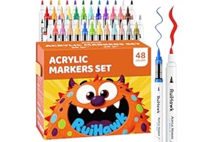 RuiHawk 48 Colors Acrylic Paint Markers, Bullet & Brush Tip Paint Pens, Non-Toxic, Quick-Dry, No Bleed for Rock, Wood, Canvas