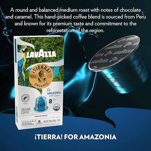 LAVAZZA TIERRA AMAZONIA USDA ORGANIC ESPRESSO ALUMINUM CAPSULES COMPATIBLE WITH NESPRESSO ORIGINAL MACHINES (PACK OF 60) ,VALUE PACK, MEDIUM ROAST 100% ARABICA, ROUND & BALANCED, NOTES OF CHOCOLATE & CARAMEL, INTENSITY 8 OF 13