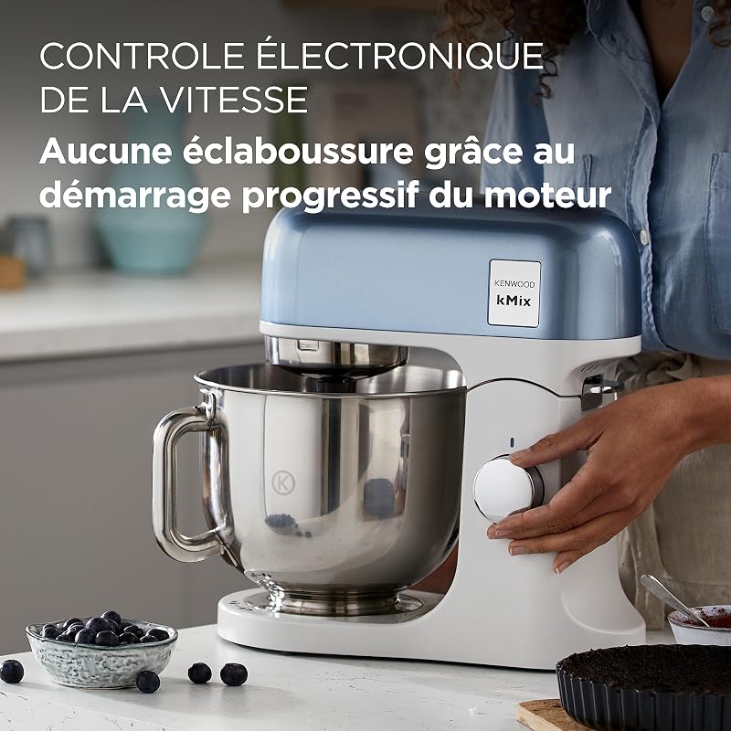 kMix - Robot Pâtissier Multifonction avec Bol en Acier Inoxydable 5 L, Moteur 1000 W, Corps en Métal, Kit Pâtisserie 3 Accessoires et Couvercle anti-Éclaboussures, Bleu (KMX760ABL)