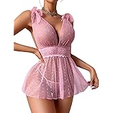 ADOME Sexy V Neck Polka Dots Sheer Lace Babydoll Lingerie Set Mesh Nighty Sleepwear