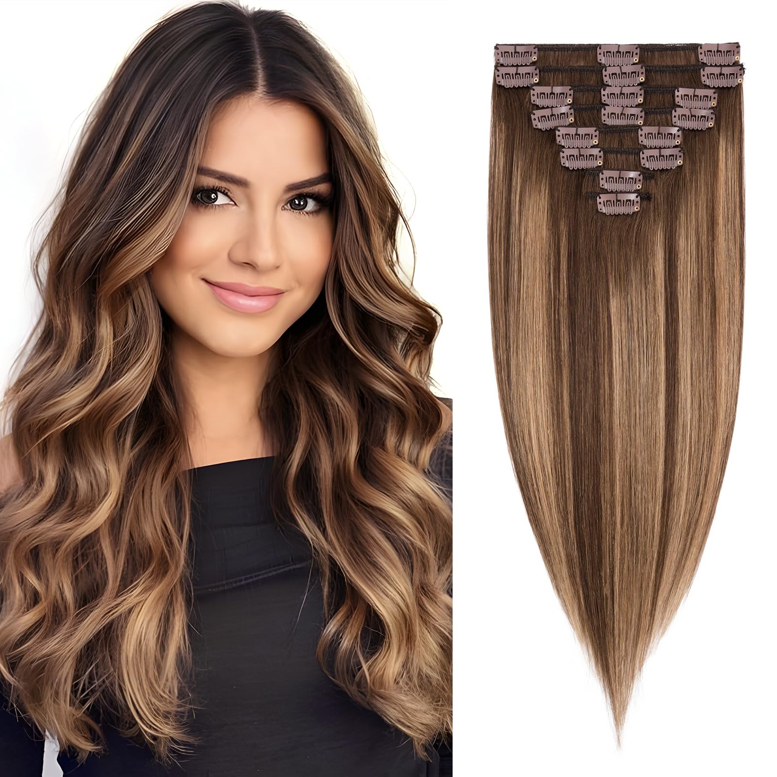 Elailite Clip in Hair Extensions Real Human Hair Remy Hair Full Head - 8 Pcs Invisible Thin Weft - Balayage Ombre #4/4P27 Midium Brown/Dark Blonde - 18 Inch (69 g)