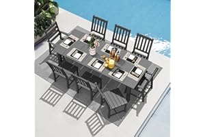 LOUNZY 9 Pieces Patio Dining Sets, Outdoor HDPE Furniture Set for 8 w/ 2" Hole Cut-Out Dining Table with 8 Patio Chairs(2 W/Armrest, 6 w/o Armrest), Gray