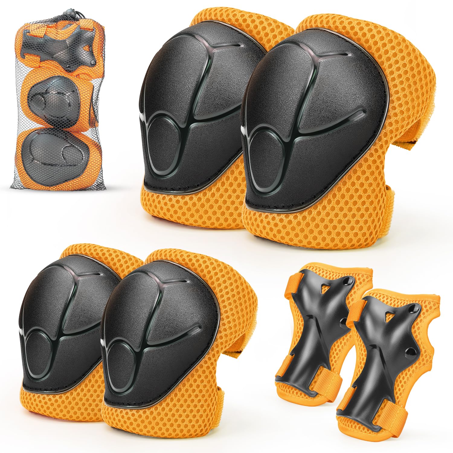 Kids Knee And Elbow Pads ,6pcs Wrist Guard Knee And Elbow Pads for Children, Kids Sports Protective Gear Set With Mesh Bag for Skateboard, Roller Skating, Biking, And Outdoor Multi-Sports (Orange)