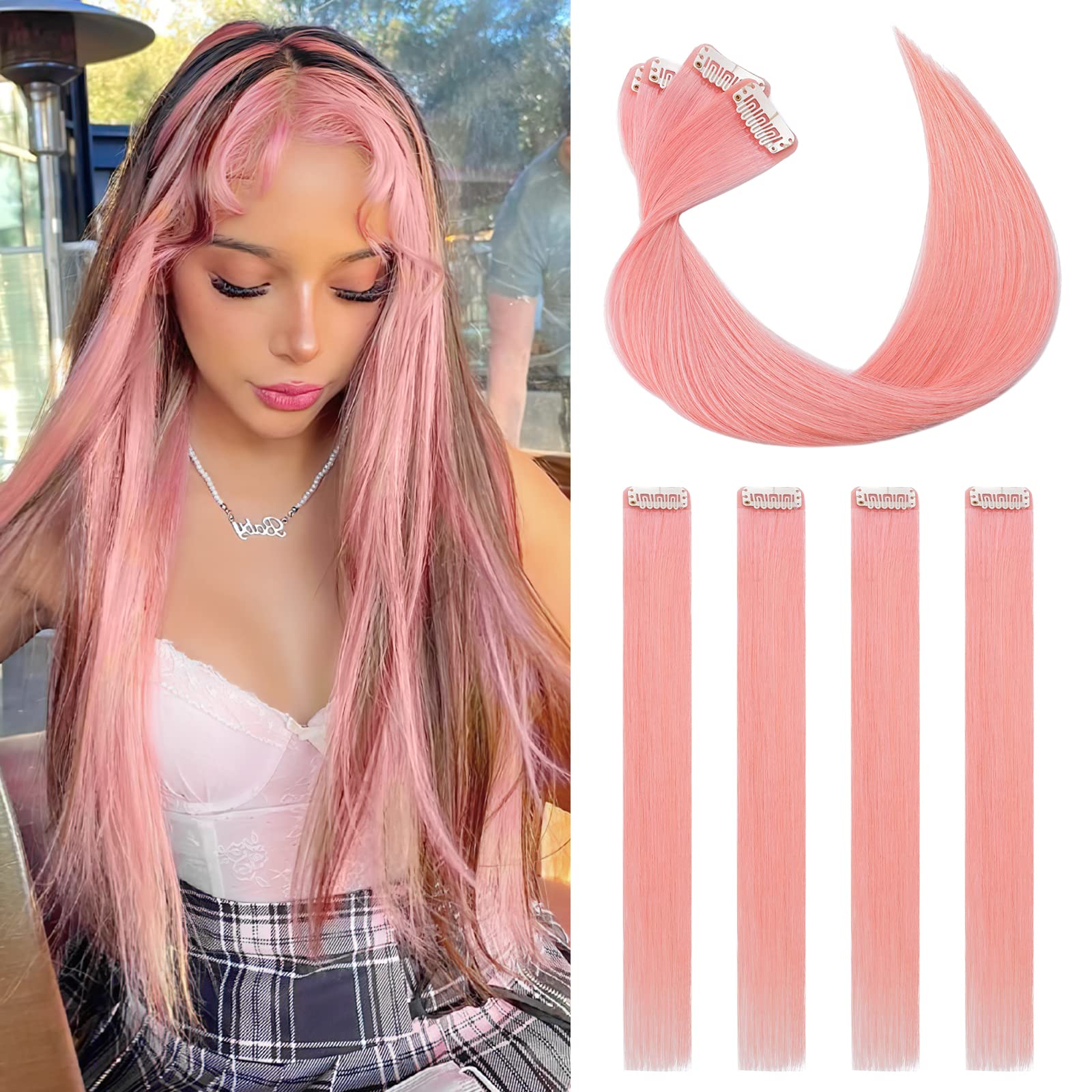 Photo 1 of Benehair Pink Hair Extensions Clip in Human Hair 16 Inch Colored Hair Extensions Clip ins, Straight Hairpieces Cosplay Party Christmas Halloween Hair Accessories for Women 4 Pieces 16g