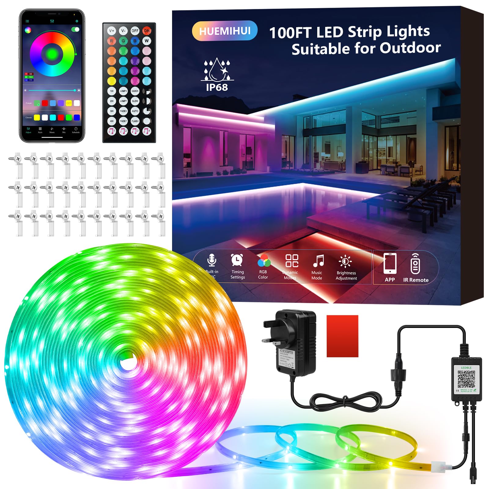 30M Outdoor Waterproof LED Strip Lights, IP68 Ultra Long RGB Color Changing LED Lights with IR Remote & APP, 24V Music Sync Light Strips,Flexible Indoor/Outdoor LED Rope Lights for Garden Terrace