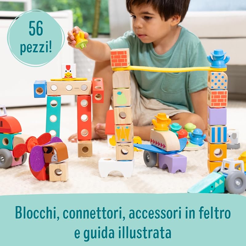 Blockables Set della Fattoria – Set di Costruzioni in Legno con Blocchi Collegabili (56 Pezzi), Gioco Creativo e Educativo, Regalo per Bambini e Bambine, 2+ Anni - Certificati FSC