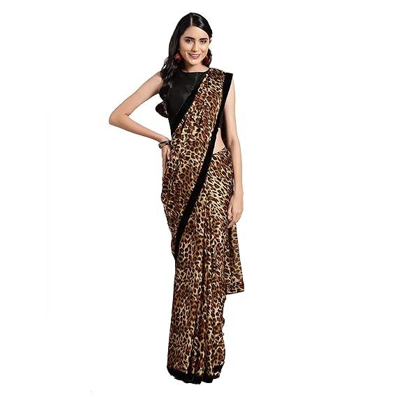 Women's Crepe with Blouse Piece 7510 Sarees (FSP770_Brown & Musatrd_OneSize)