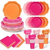 350 Pcs Pink and Orange Party Plates and Napkins - Hot Pink Orange Party Decoration Tableware set Include Sunset Tropical Scalloped Plate Napkin Cup &amp; Cutlery for Baby Shower, Wedding, Birthday