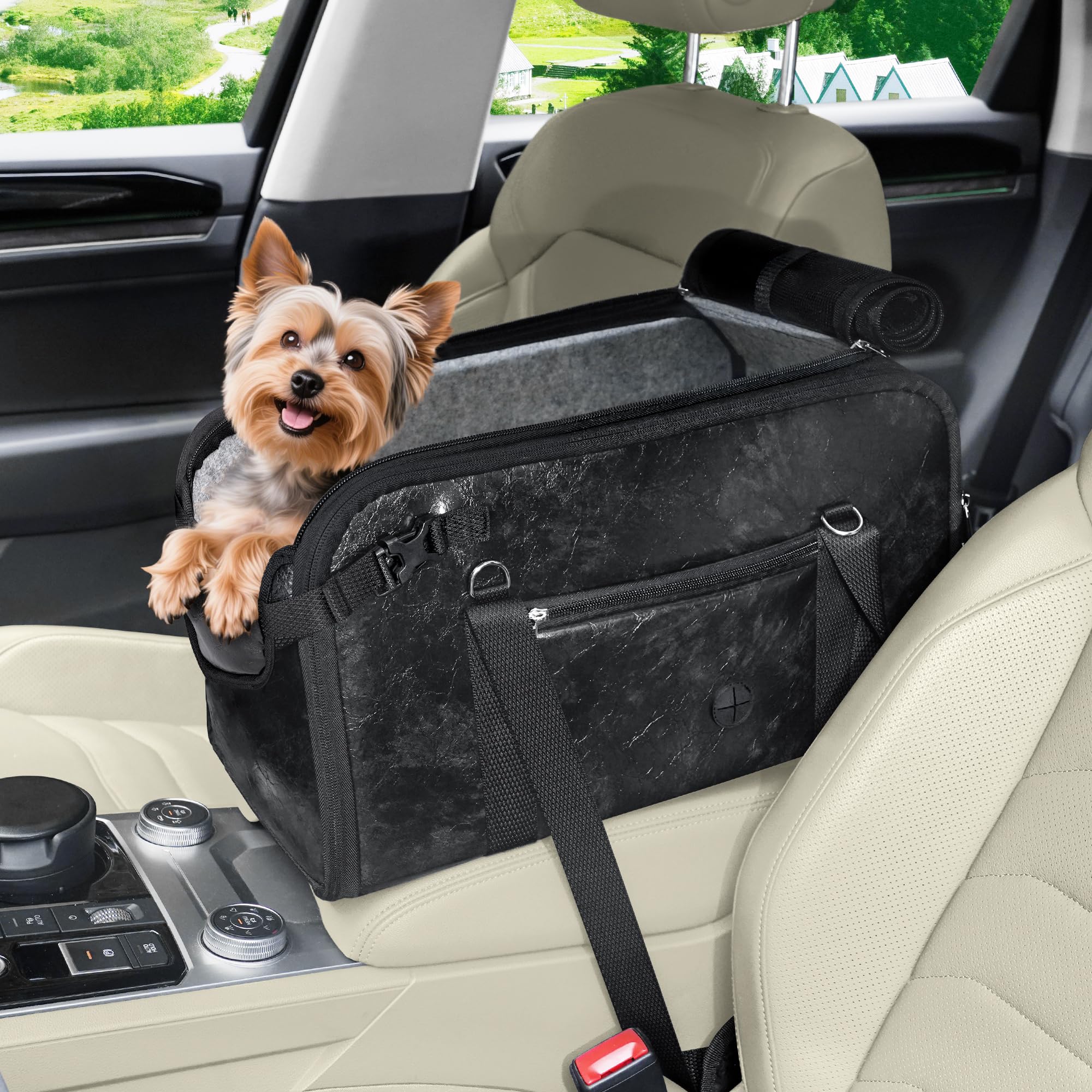 Photo 1 of WOYYHO 18 lbs Console Dog Car Seat Luxury Center Console (Width >9in) Dog Car Bed Carseat with Soft Cushion and Safety Belt, Easy Install Stable No Shaking, Waterproof Anti-Slip PU Leather