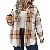 IN'VOLAND Women's Plus Size Plaid Shacket Long Sleeve Button Down Flannel Shirts Casual Jacket Coats