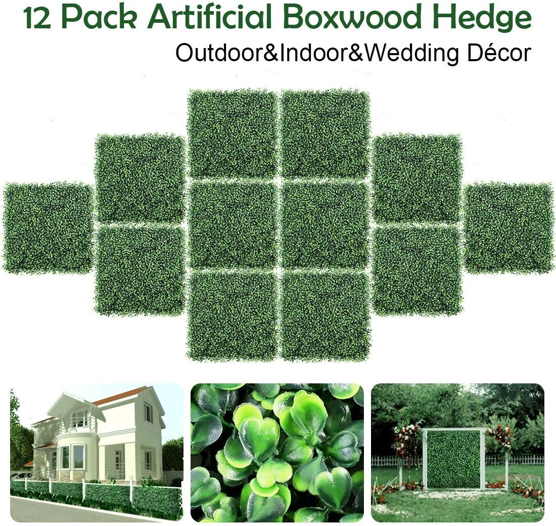 DEWVIE 12PCS Artificial Boxwood Panels Topiary Hedge Plants Artificial Greenery Fence Panels for Greenery Walls,Garden,Privacy Screen,Backyard and Home Decor 20" X 20"