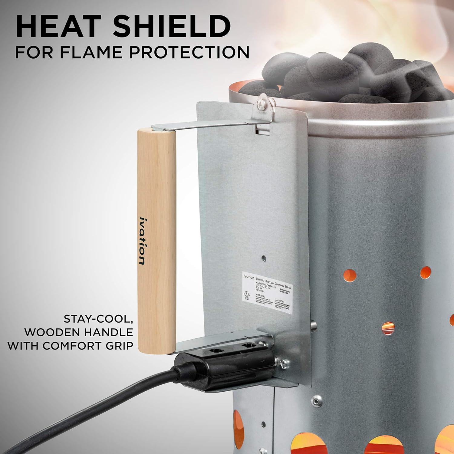 Ivation Electric Chimney Charcoal Starter, Portable Electronic Plug-in Firestarter for BBQ, Coal, Charcoal & Briquettes - No Matches or Lighters | Steel Caddy, Heat Shield & Wooden Stay-Cool : Garden & Outdoor