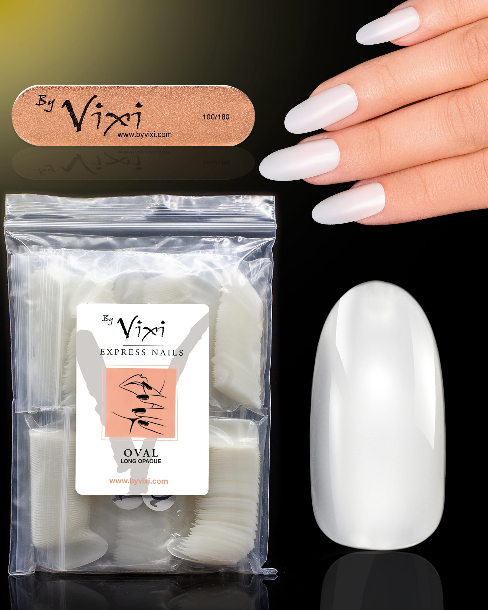 600 Long Oval Press On Nails Set with By Vixi Prep File – Natural Full Cover False Nails, Stick On Fake Nail Tips, 10 Sizes, Acrylic Nail Extensions for Gel Polish & Nail Art — image 1