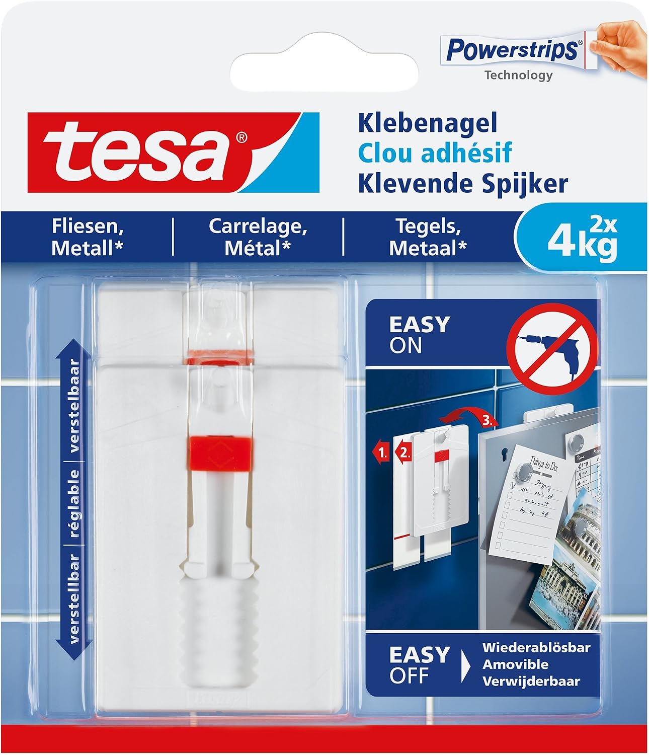 tesa Adjustable Adhesive Nail for Tiles & Metal 4kg, White, 4 kg