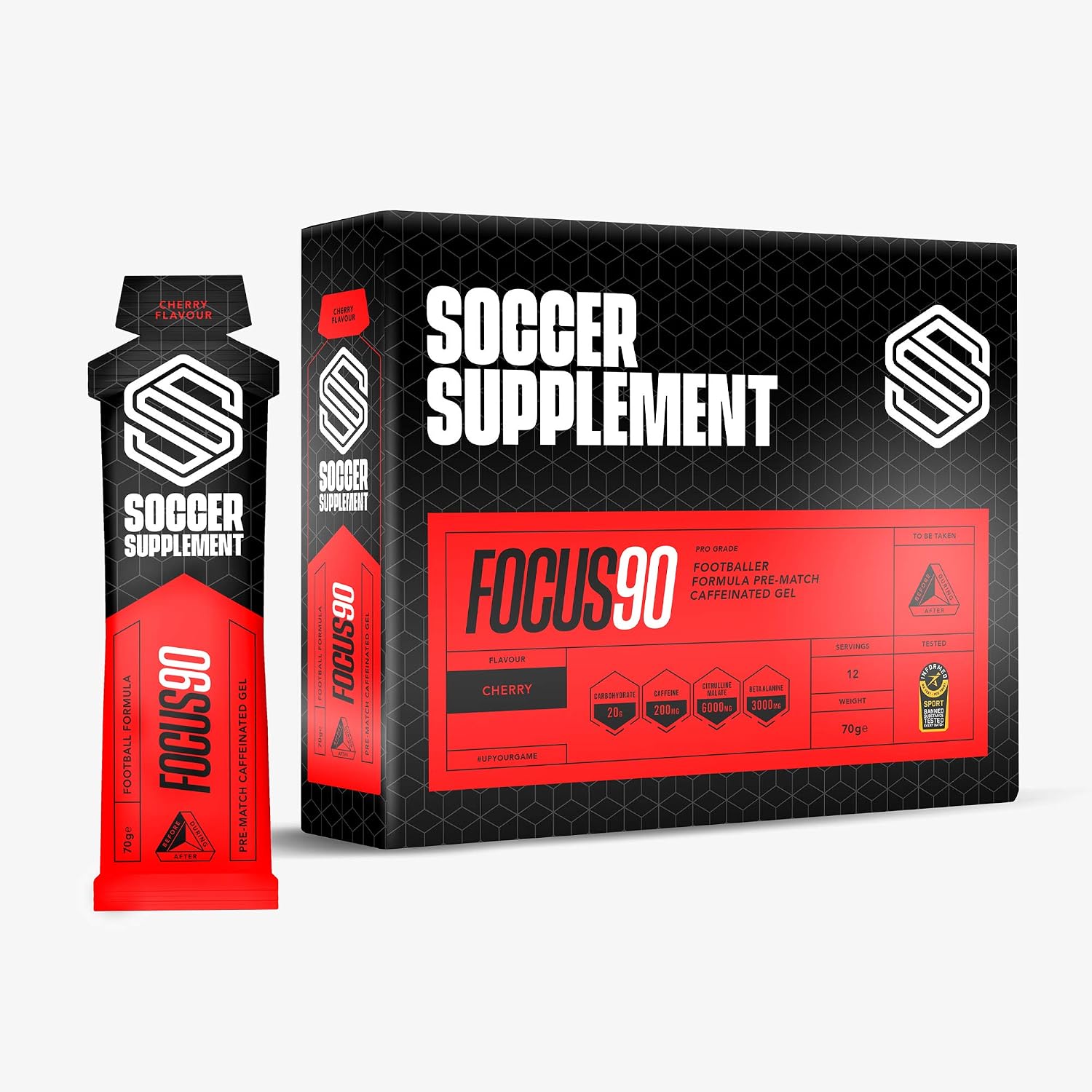 Soccer Supplement Focus90 Caffeine Energy Gels (12 Pack) Cherry Flavour, Quick Release Football