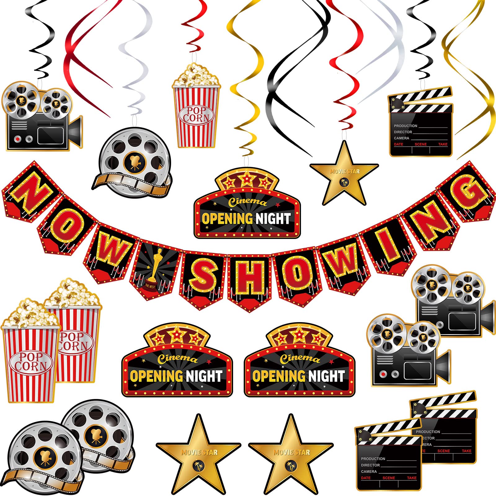 Photo 1 of 45 Pieces Movie Night Decorations Party Decorations Kit Now Showing Banner Hanging Swirls Movie Theater Themed for Bridal Shower Birthday Party Supplies Film Backdrop