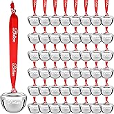 Wiyodaho 72 Pcs Christmas Believe Bell Ornaments 1.5 Inch Polar Santa Sleigh Jingle Bells with Believe Ribbon Christmas Tree Decorations for Xmas Decor (Silver Color, 72)