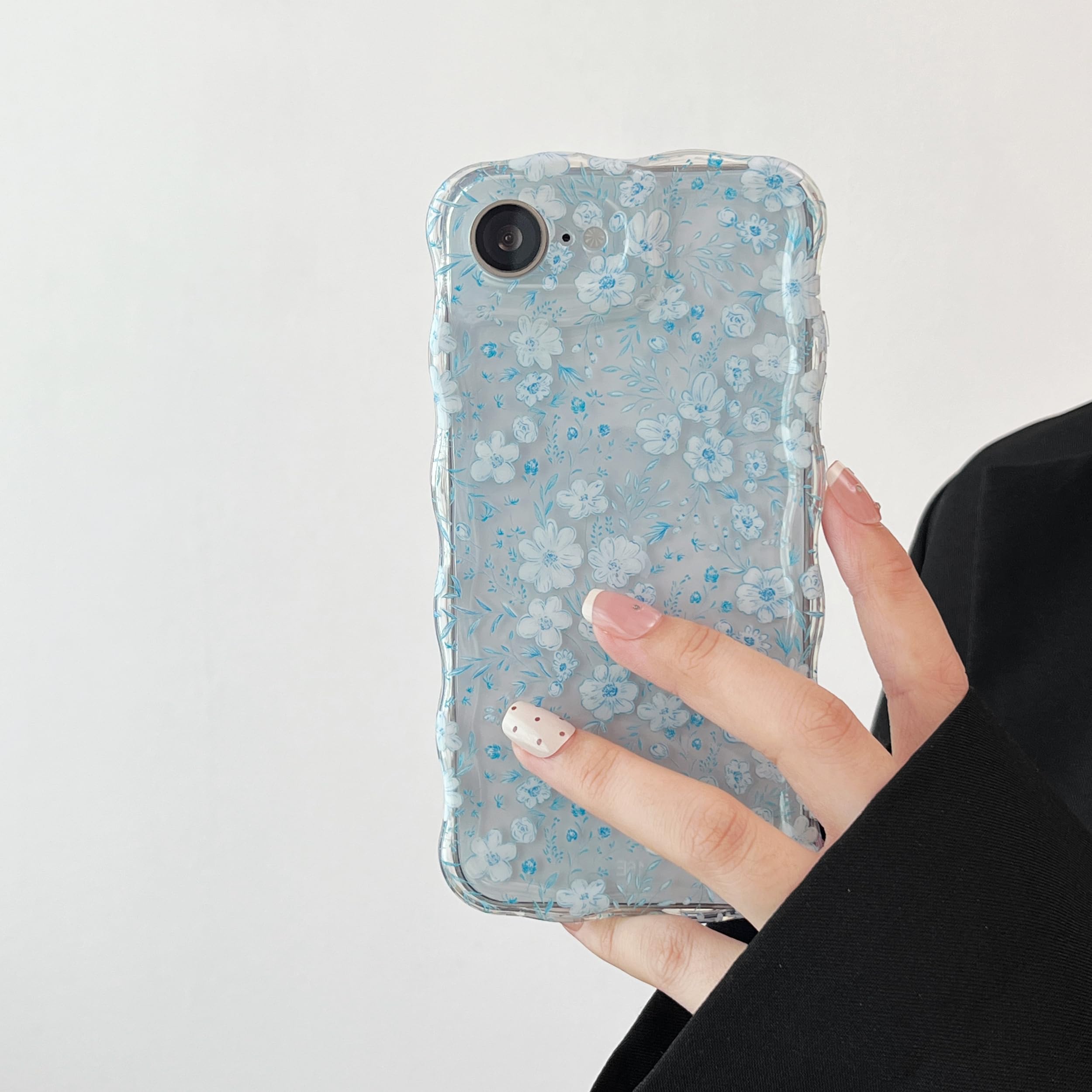 RALEAVO for iPhone 17e Case/iPhone 16e Case Cute Floral Pattern Design,Clear Curly Wave Frame Cover for Women,Soft Shockproof Anti-Slip Protective Case for iPhone 16e/17e,Blue Flowers