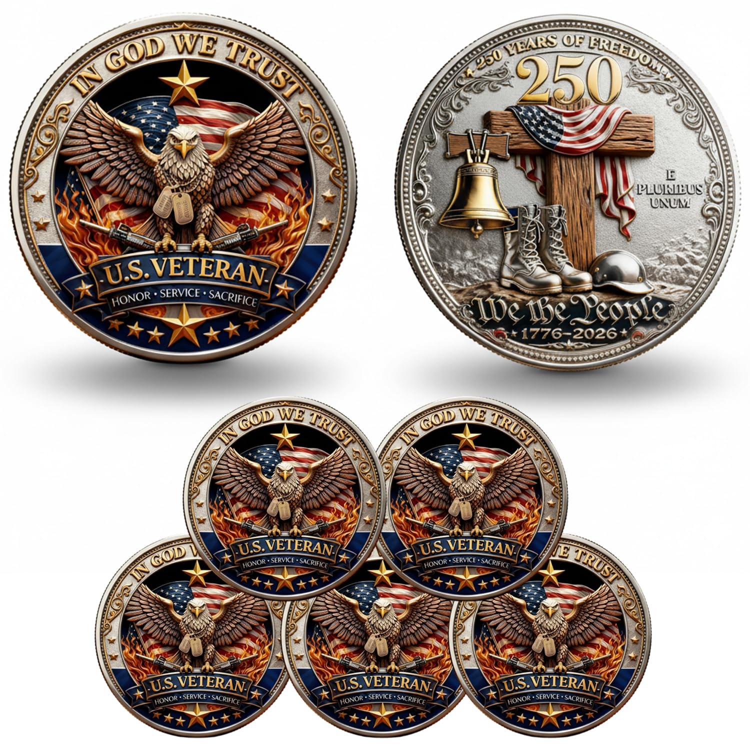 in God We Trust | 250 Years of Freedom Commemorative Coin, U.S. Veteran Challenge Coin 1776-2026, Eagle & Battlefield Cross Patriotic Souvenir, Religious Military Gift for Men & Collectors (5PCS)