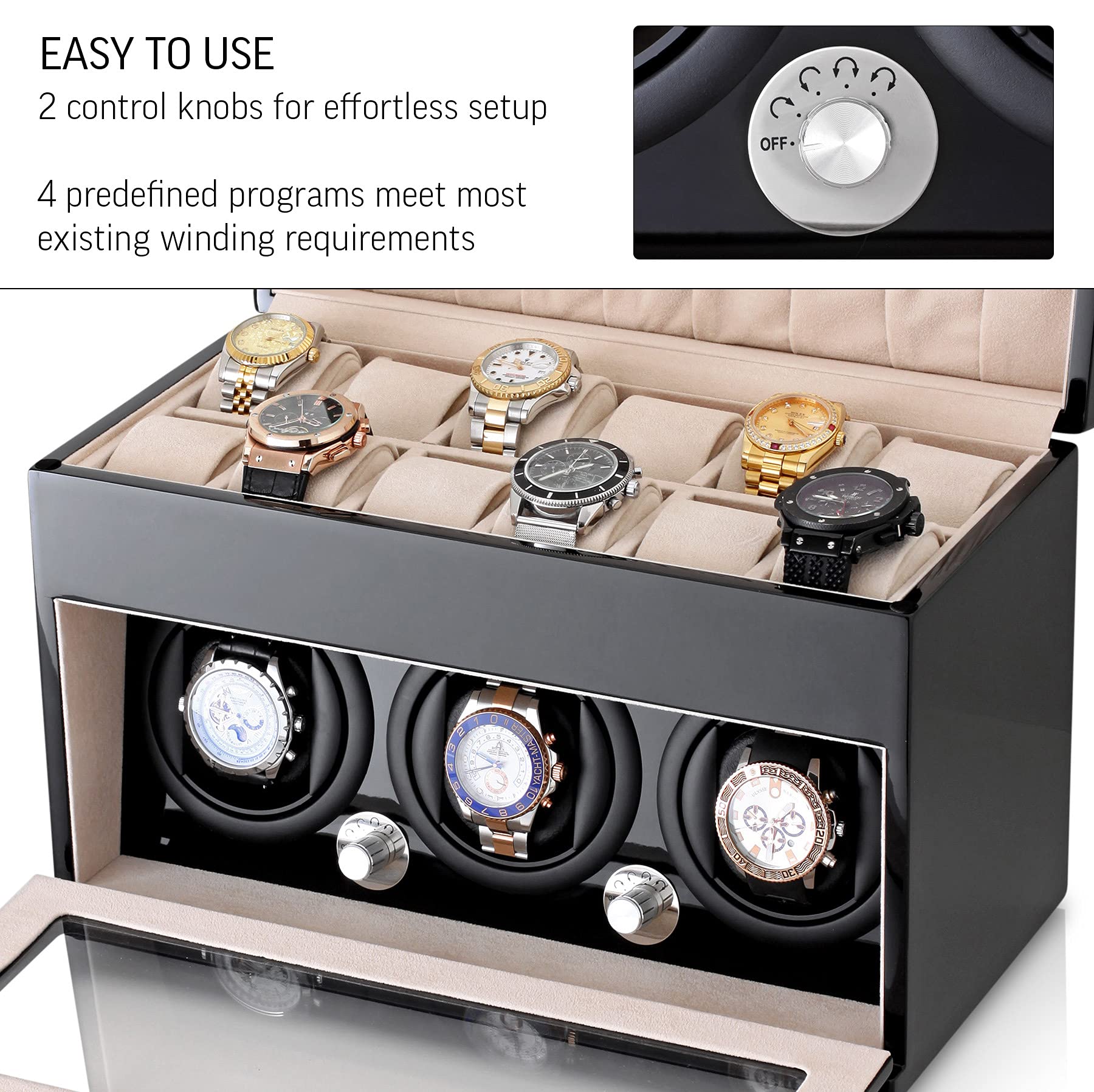 Leader WATCH WINDERS Watch Winder and Storage Box for Winding 3 Automatic Watches and 12 Watch Storage Space