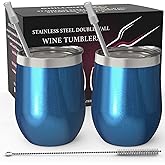 CHILLOUT LIFE 12 oz Stainless Steel Wine Tumblers 2 Pack - Double Wall Vacuum Insulated Wine Glasses Cups with Lids and Straws Set Keeping Cold & Hot for Coffee, Beer, Ice Cream - Blue Sparkle