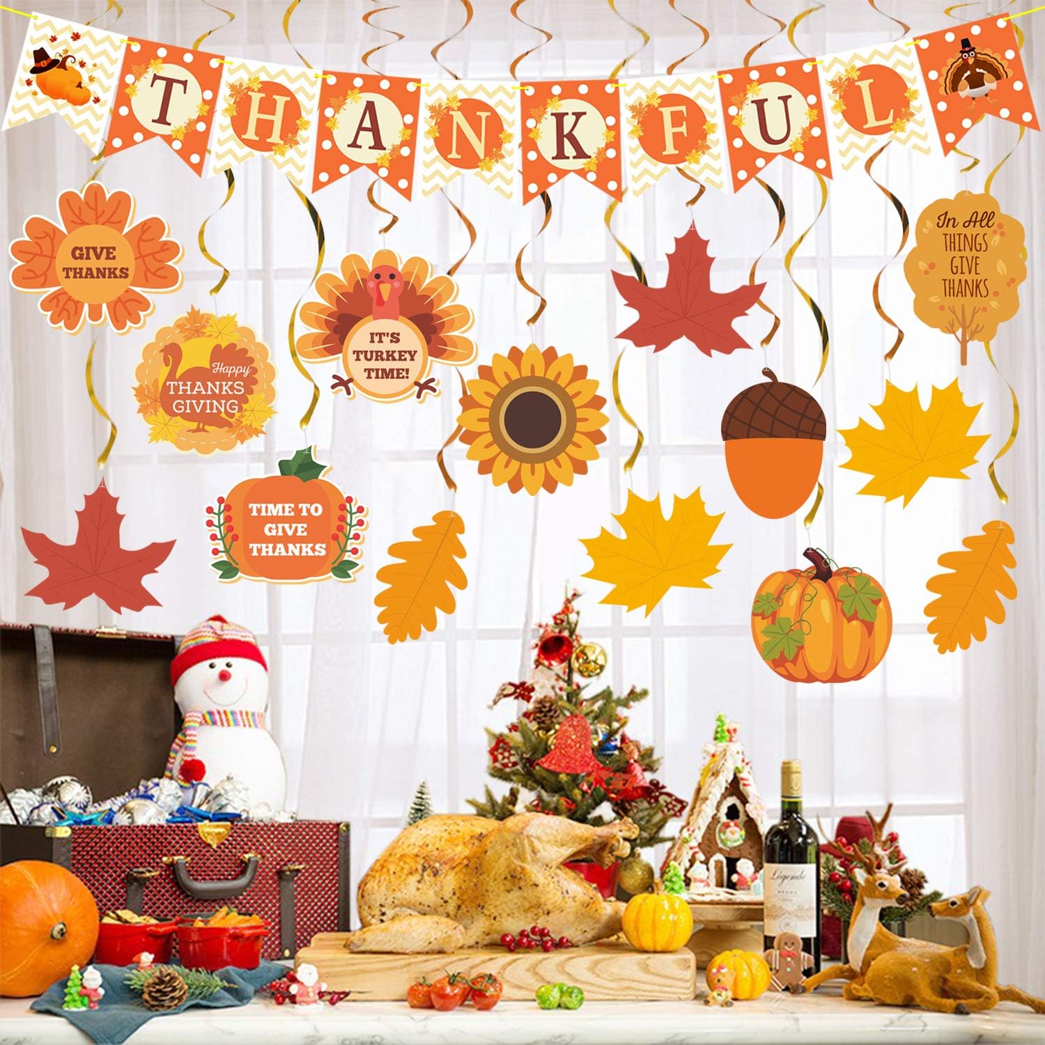 Dazonge Thanksgiving Decorations Kit | Includes 1"Thankful" Banner, 22 Pack Hanging Swirls with Decorative Cutouts | Thanksgiving Party Supplies | Fall Decorations: Toys & Games