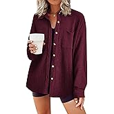 HOTOUCH Waffle Button Down Shirts for Women Dressy Casual Work Shacket V Neck Long Sleeve Lightweight Tops with Pocket