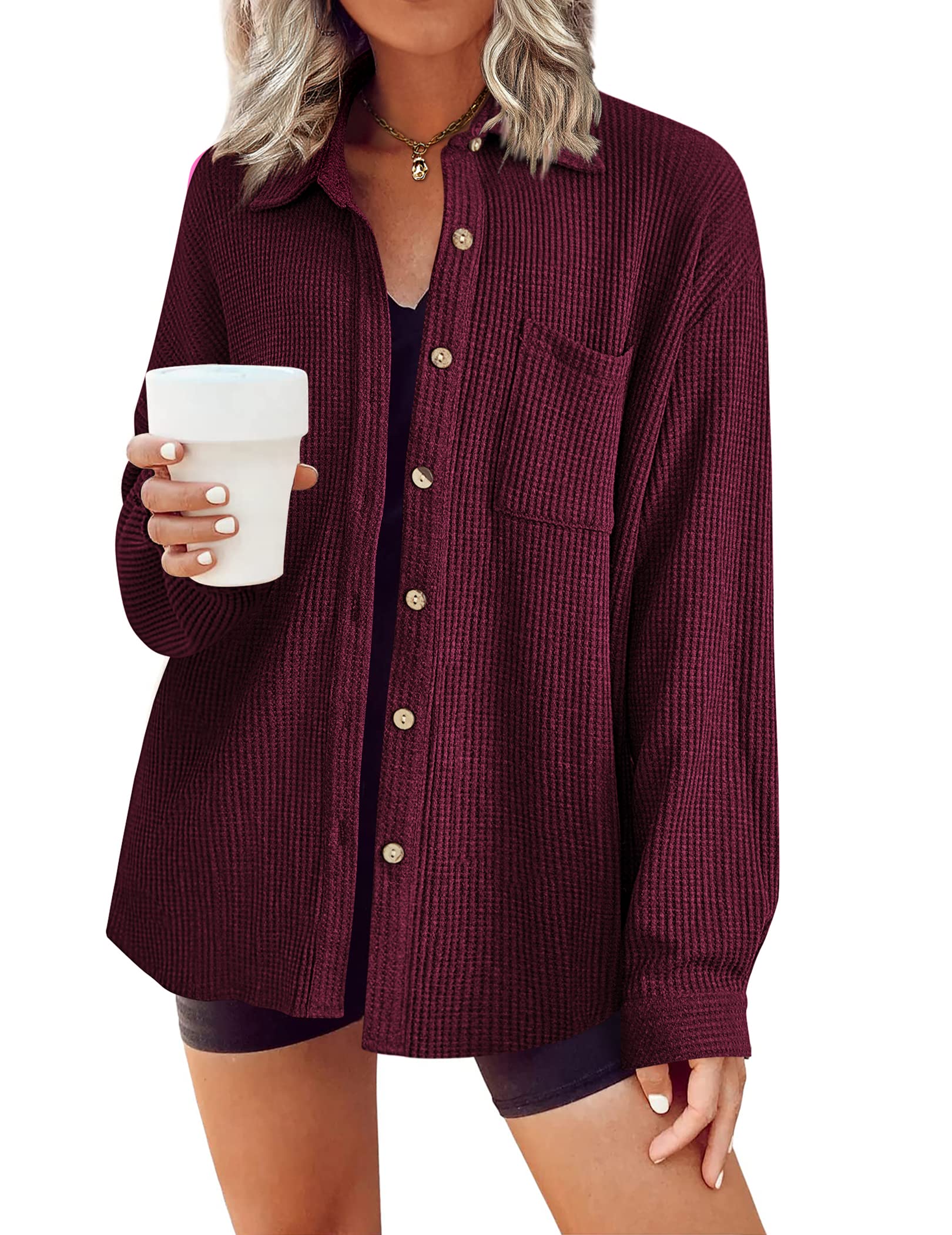 Photo 1 of HOTOUCH Button Down Waffle Shirts for Women Knit Oversized Jacket Shacket Long Sleeve Trendy Tops with Pocket Wine Red M