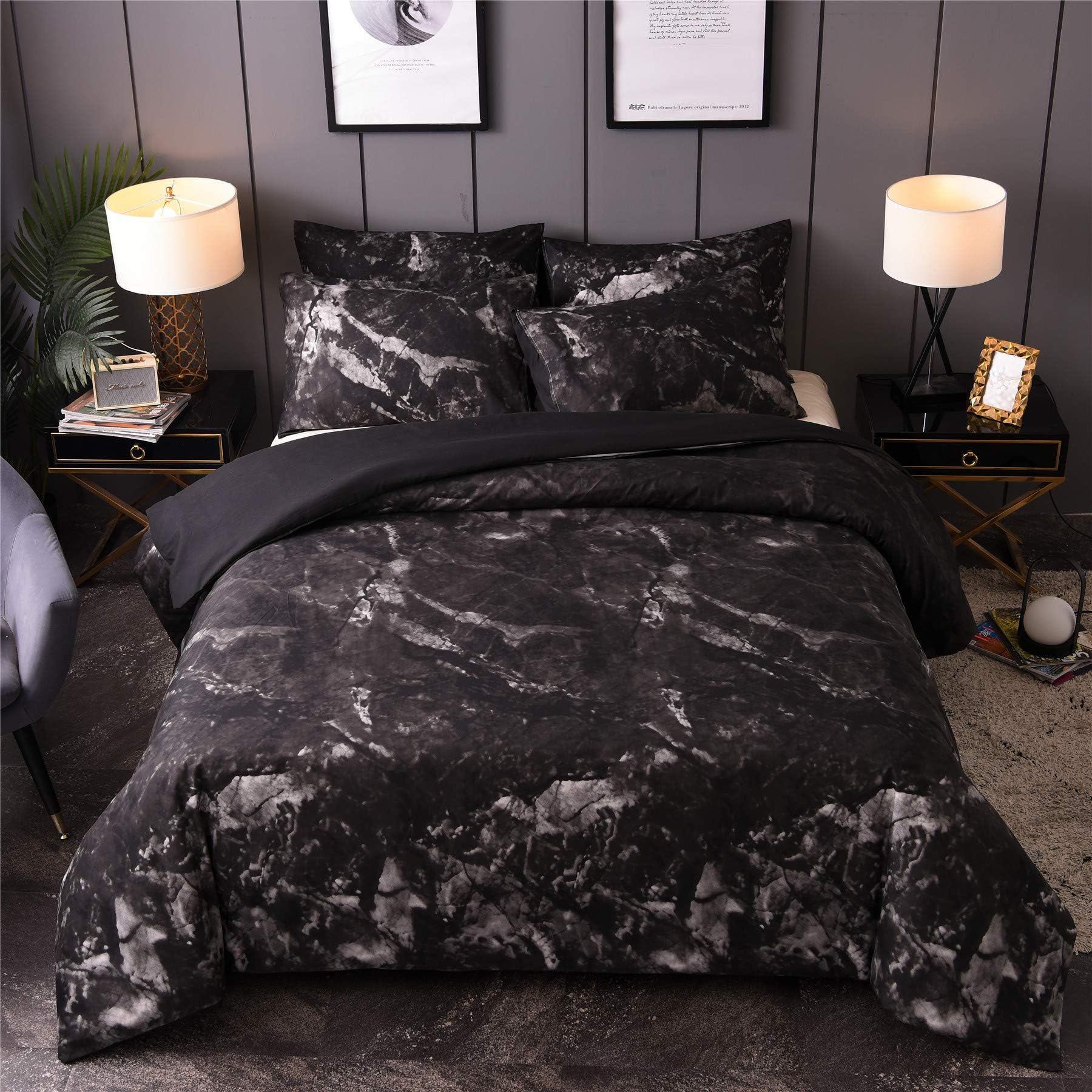 A Nice Night Black Marble Printed,Ultra Soft,Lightweight Microfiber Quilt Cover Bedding Duvet Cover Set with 2 Matching Pillowcases (New-Black, Queen)