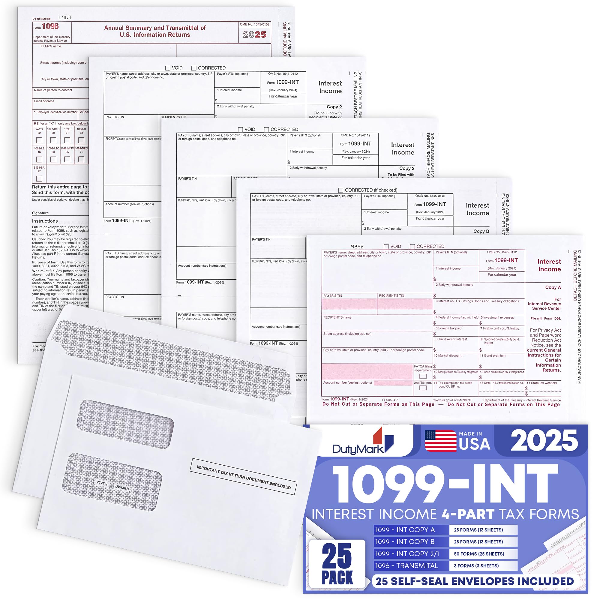 Photo 1 of 1099 INT Interest Tax Forms 2025 4 Part, 25 Pack of Interest Income Laser Forms Compatible with QuickBooks and Accounting Software, 25 Self Seal Envelopes Included