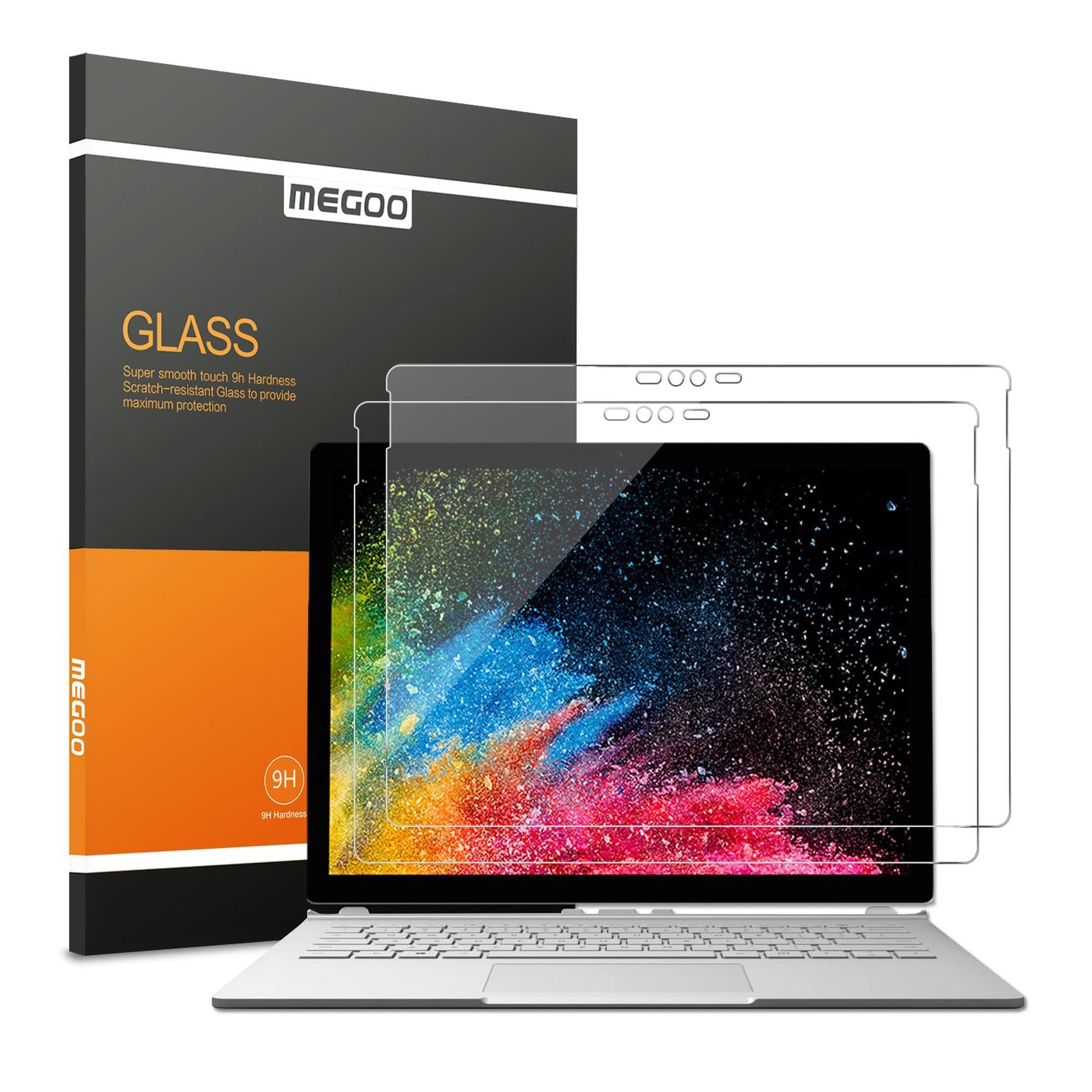 MEGOO Surface Book 2 Screen Protector, 9H Tempered Glass High Sensitivity, Friendly Touching (Updated Version 2017) Compatible For Microsoft Surface Book 13.5 Inch (2 Pack).