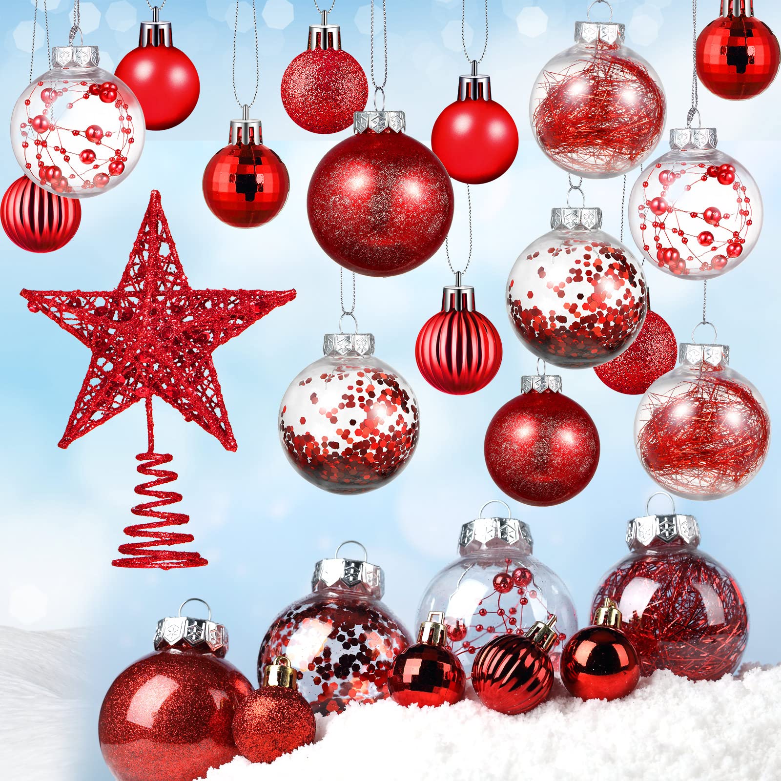 BBTO Christmas Balls Ornaments set Star Balls tree Baubles Set Plastic Tree Topper Star Clear Balls for Tree Birthday Holiday Indoor Outdoor Decor (Red, 49 Pieces)