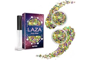 Laza Mardi Gras Body Glitter, 2 Jars Gold Purple Green Chunky Sequins with Glue Women Eyeshadow Fat Tuesday Face Paint Festival Rave Outfit Hair Accessories Party Costumes – Mardi Gras Carnival