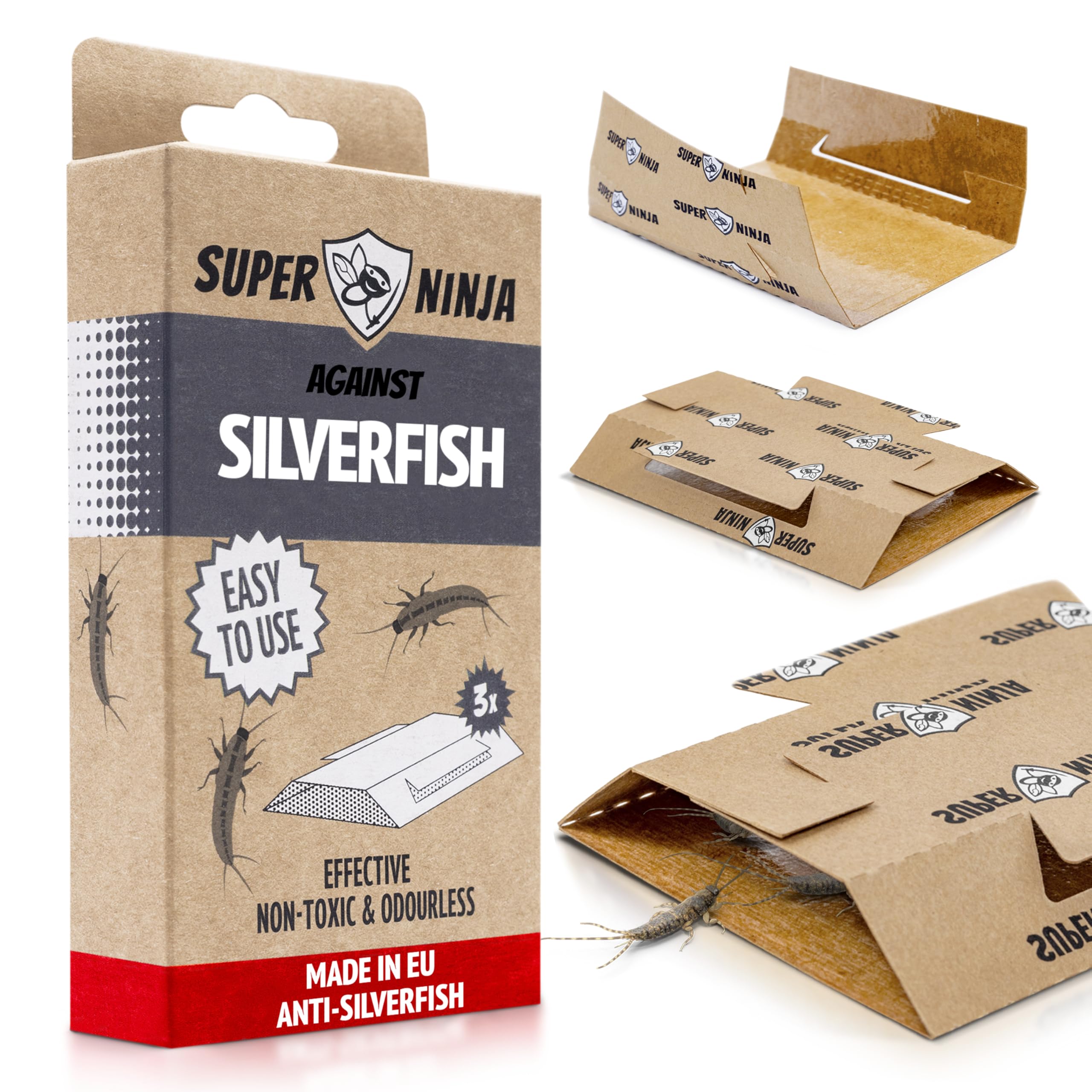 Super Ninja Silverfish Trap – 3 Pack, Silverfish Killer with Integrated Attractant, Odourless, Non-Toxic Sticky Traps for Basements, Bathrooms, Kitchens, Works for Up to 3 Months