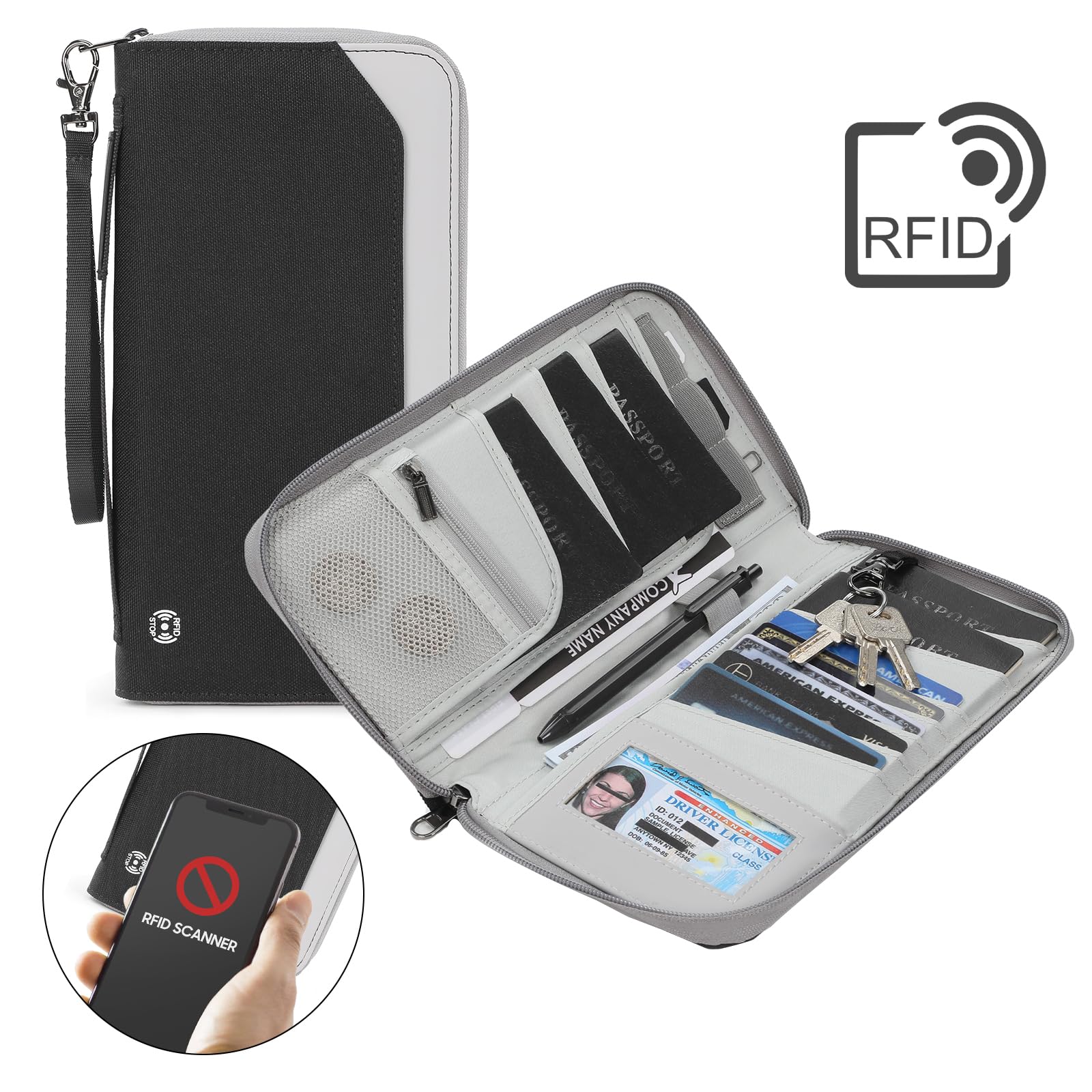 Travel Passport Holder for Family - RFID Large Travel Passport Wallet with Airtag & Card Holder Women Men, Lightweight Passport Cover Case Book Travel Document Organizer with Zipper Pocket,Black