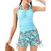 Sewetier Girls Tankini Swimsuit 2 Piece Ruched Tie-Straps Swimwear Drawstring Swim Shorts Girl Bathing Suit 7-16Y