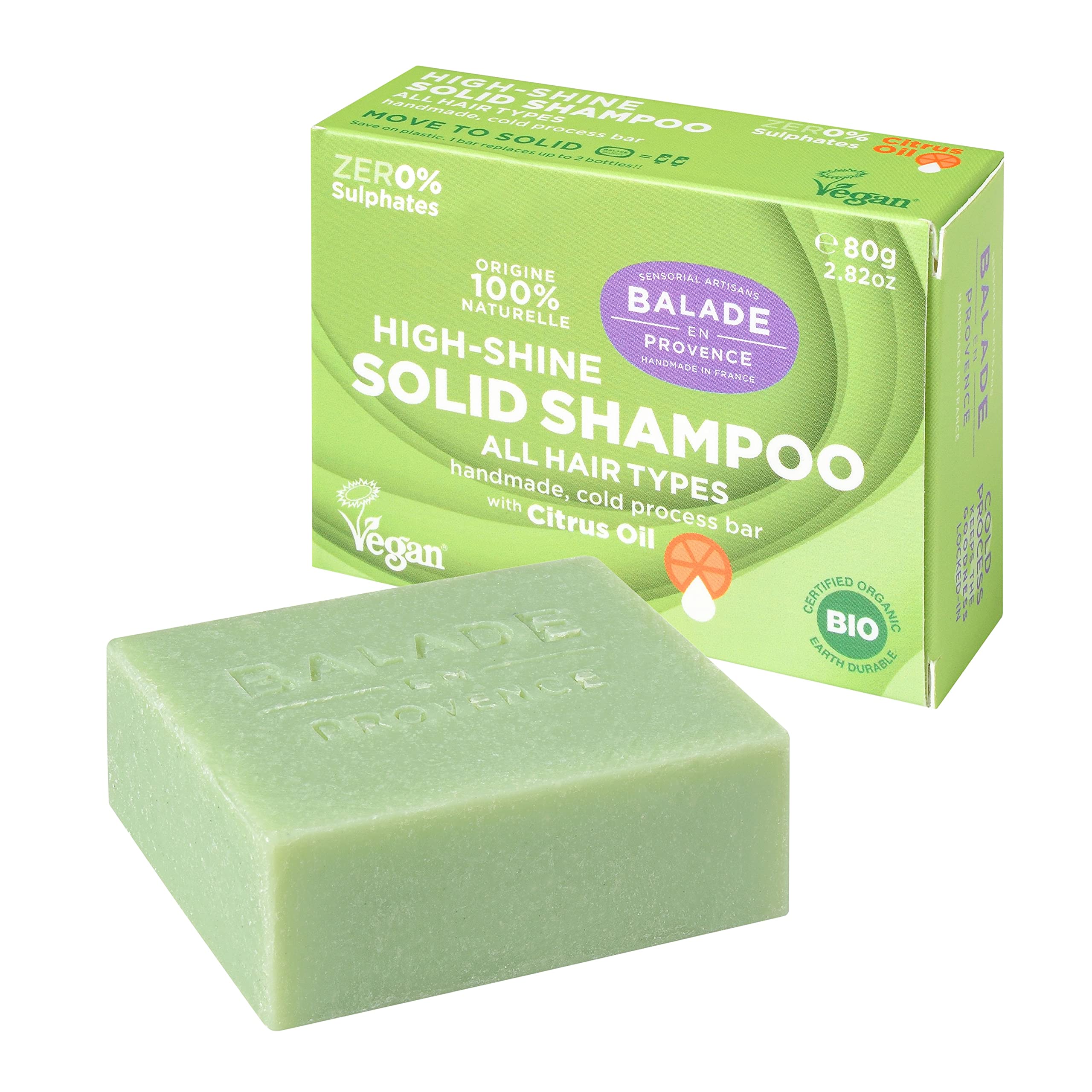 Balade en Provence High Shine Organic Solid Shampoo Bar | for All Hair Types | Citrus Scent | 80g